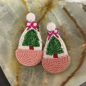Christmas Tree Bow Beaded Statement Earrings in Pink NWT